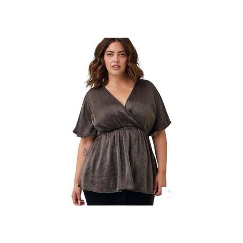 Torrid Silver Wrap Top with Pleated Details and Short Sleeves